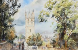 B A Crosby Watercolour drawing Busy street scene; Magdalene Bridge,