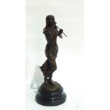 Bronze figure of semi-draped female playing pan-pipes, having foundary stamp,