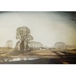 Rowland Hilder (1905-1993) Coloured etching Fields and trees with farm in distance,