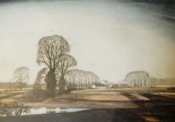 Rowland Hilder (1905-1993) Coloured etching Fields and trees with farm in distance,