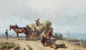 A De Poylandt(?) Watercolour Haymaking with figures and dogs in foreground, ships beyond,