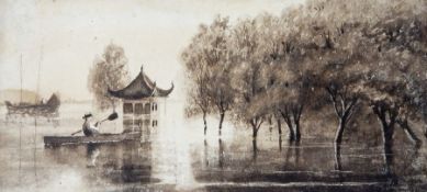 George Chinnery Sepia watercolour "A Country River", Chinese scene with figure paddling canoe,