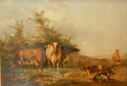 19th century English school Oil on board Cattle watering, with drover, signed indistinctly,