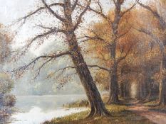 H Sanders (contemporary) Oil on canvas Woodland path in autumn, signed, 49 x 69cm,