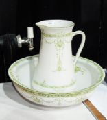 Ewer and Basin set with green Art Nouveau decoration