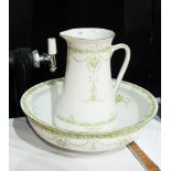 Ewer and Basin set with green Art Nouveau decoration