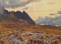 Herbert Moxon-Cook (1844-1928) Watercolour drawing Twilight highland scene with shepherd and sheep