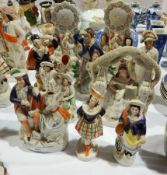 Various Staffordshire figures, a 'clock ' pair,