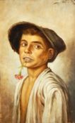 "David K" Oil on panel Head and shoulders portrait of boy with flower in his mouth,