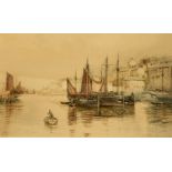 Henry G Walker Coloured etching "Trawlers at Home, Brixholme", trawlers moored in canal,