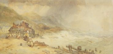 19th century school Watercolour drawing "Scene in the Coast of Fifeshire" with figures on shoreline