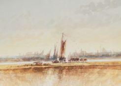Ritter Watercolour Estuary scene with barges and carriages, signed lower left,