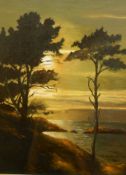 Oil on board Coastal scene with sunset,