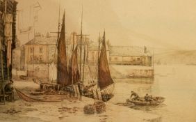 Henry G Walker Colour etching "Bayard's Cove, Dartmouth", fishing boats and fishermen,