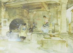After William Russell Flint Colour print Women dancing on ledge in building, holding a plate,