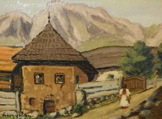 Sz Mihaly (possibly Mihaly Schener 1923-2009(?)) Pair oils on panel Woman on a path with house and