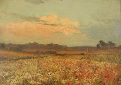 George Carline (1855-1920) Oil on panel "Poppy Field at Sunset", signed and dated 1892,