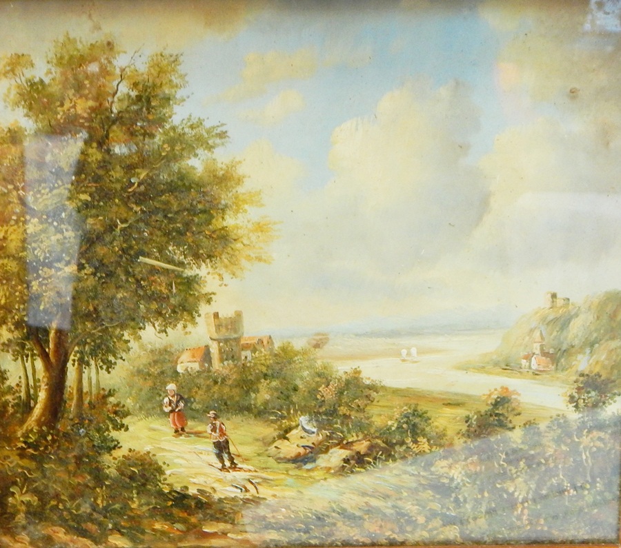 19th century continental school Oil on board Figures in a landscape by river valley,