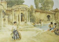 After William Russell Flint Colour print Woman bathing, girl in foreground in floral skirt,