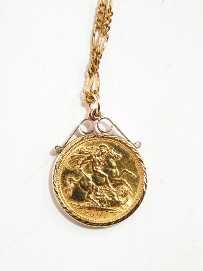 A gold half-sovereign, 2011 in a 9ct gold pendant mount, on gold plated chain, weight 4.7g approx.