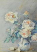 Jean Mayers Watercolour drawing Still life study of roses in blue and white jug, signed, 36.