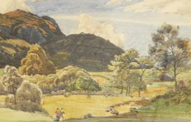 Unattributed (possibly Dudley Art School) Watercolour Hikers in hilly countryside, 24.