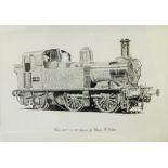 Quantity of black and white prints of trains, predominantly steam locomotives,