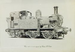 Quantity of black and white prints of trains, predominantly steam locomotives,