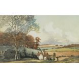 Alice Barnwell Coloured etching Country lane with house, entitled "Approaching the Wolds",