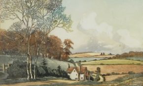 Alice Barnwell Coloured etching Country lane with house, entitled "Approaching the Wolds",