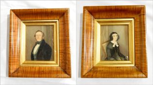 Pair watercolour miniatures Victorian lady and gentleman,