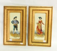 A pair of A Armand painted figures on ceramic tiles of gentleman and lady in period dress,