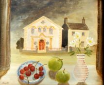 Judith Moy Acrylic Fruit on windowsill with buildings opposite, labelled verso,