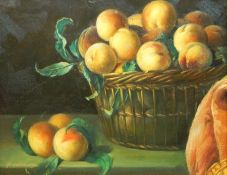 P Carlos (contemporary) Oil on board Still life study of peaches, signed,