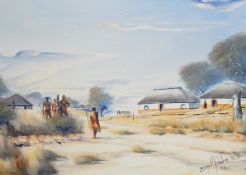 Boy Molefe (contemporary) Oil on canvas South African village scene, signed and dated 92,