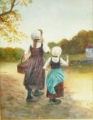 Early 20th century English school Oil on canvas Two Dutch girls by riverbank calling to figure in a