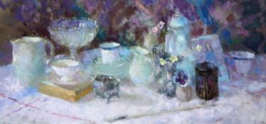 Jacqueline Williams N.E.A.C. (b.1962) Oil on board Still life of silver jugs, 35.5cm x 77.