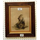 Copy of an original etching by Rembrandt, self portrait.