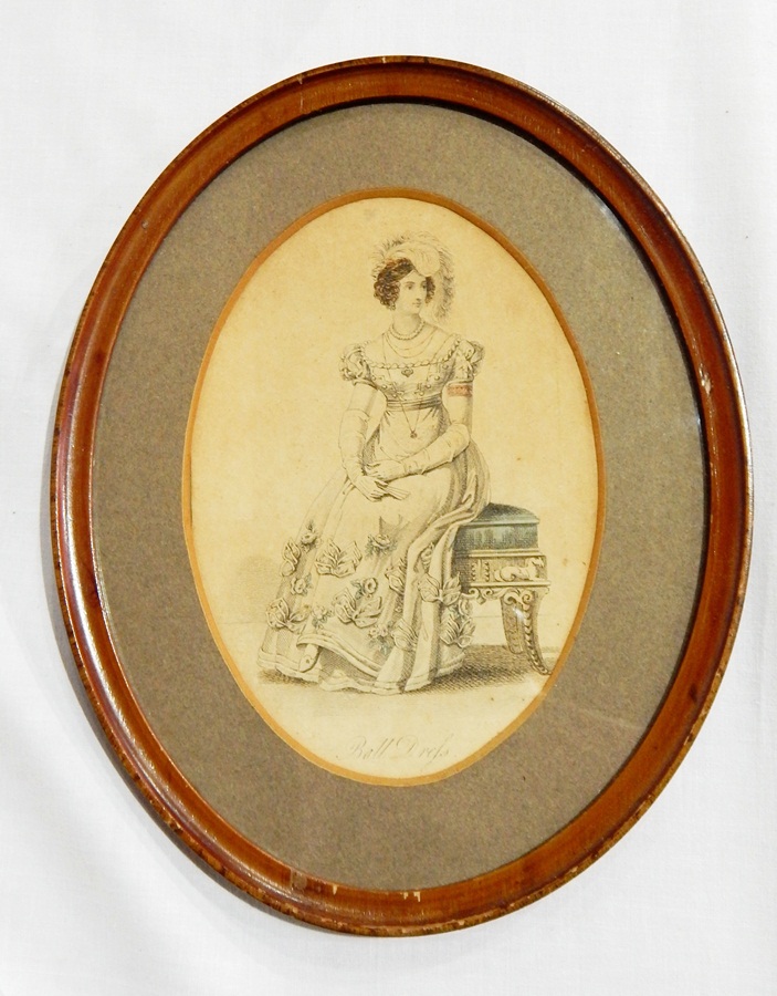 Two Victorian fashion engravings, oval and a 19th century gilt metal miniature frame, - Image 3 of 3