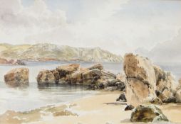 English school Watercolour Coastal scene with outcrop of rocks in foreground,