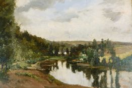 Hippolyte Boulenger (1837-1874) Oil on panel "Etangs a Ferruereu", river landscape,