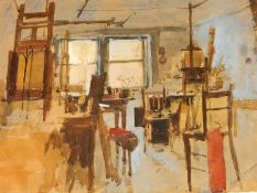 A Cooke Watercolour drawing Interior of artist's studio, signed,