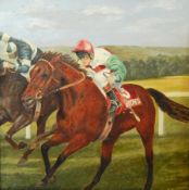 P Gilchrist (20th century) Oil on board Horse racing, signed and dated 1985, unframed,