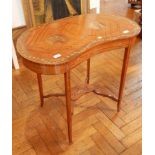 An Edwardian Kingwood kidney shaped side table, the top painted with figures of cavaliers,