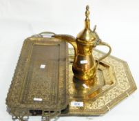 Large Eastern style brass platter with another and brass water jug (3)