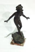 Bronze figure of female nude in Art Nouveau style by G Paren (?) on rockwork base and marble plinth,