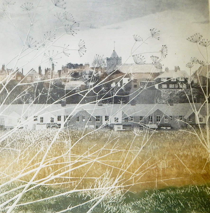 After Lawrence Jenkins Colour etching Landscape scene with buildings, Rock Channel, Rie, 52/75,