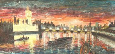 Alvaro (Contemporary) Oil on board Nightscape of the River Thames with floodlit Houses of