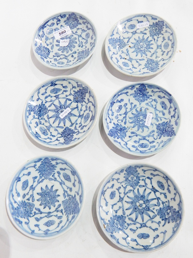 A set of six Ch'ing dynasty plates with underglaze, blue lotus blossom decoration,