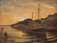 Dudley School Oil on board Boats at anchor,